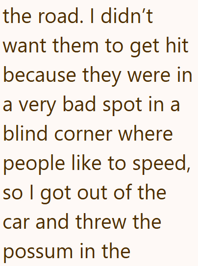 the road. I didn't want them to get hit because they were in a very bad spot in a blind corner where people like to speed, so I got out of the car and threw the possum in the