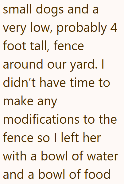 small dogs and a very low, probably 4 foot tall, fence around our yard. I didn't have time to make any modifications to the fence so I left her with a bowl of water and a bowl of food