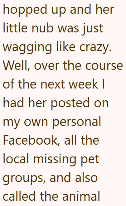 hopped up and her little nub was just wagging like crazy. Well, over the course of the next week I had her posted on my own personal Facebook, all the local missing pet groups, and also called the animal