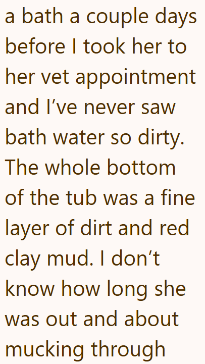 a bath a couple days before I took her to her vet appointment and I've never saw bath water so dirty. The whole bottom of the tub was a fine layer of dirt and red clay mud. I don't know how long she was out and about mucking through