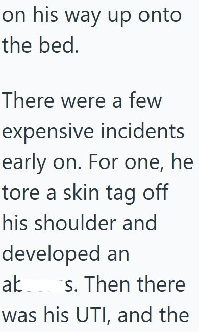 on his way up onto the bed. There were a few expensive incidents early on. For one, he tore a skin tag off his shoulder and developed an ak s. Then there was his UTI, and the