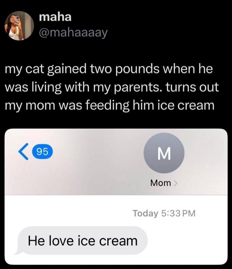 maha @mahaaaay my cat gained two pounds when he was living with my parents. turns out my mom was feeding him ice cream <95 M Mom > He love ice cream Today 5:33 PM