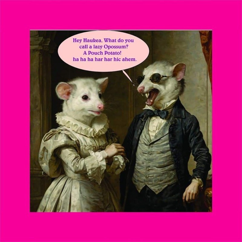 Hey Haukea, What do you call a lazy Opossum? A Pouch Potato! ha ha ha har har hic ahem.