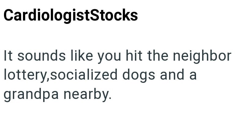 CardiologistStocks It sounds like you hit the neighbor lottery,socialized dogs and a grandpa nearby.