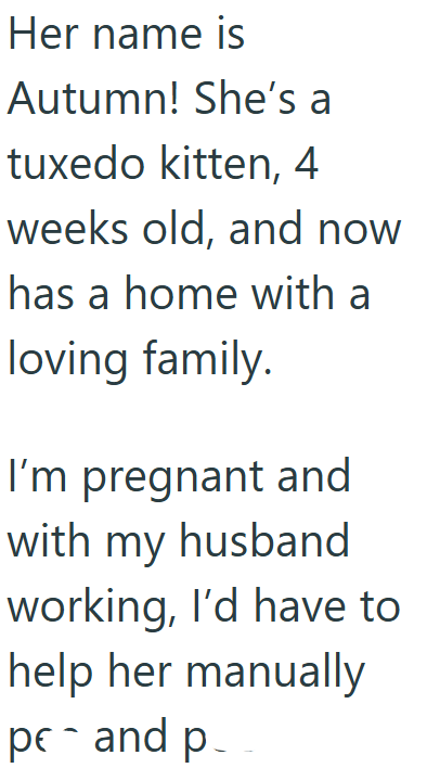 Her name is Autumn! She's a tuxedo kitten, 4 weeks old, and now has a home with a loving family. I'm pregnant and with my husband working, I'd have to help her manually pc - and p