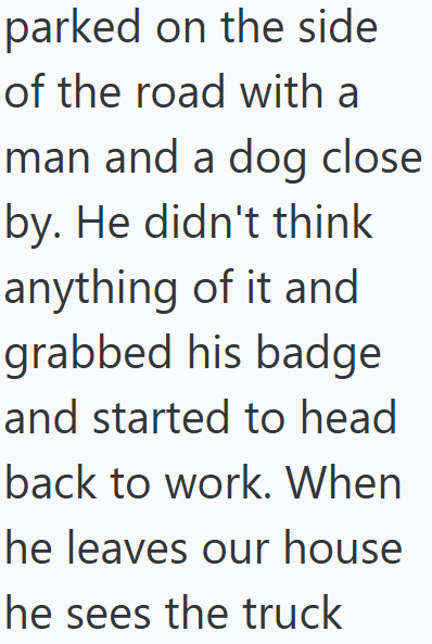 parked on the side of the road with a man and a dog close by. He didn't think anything of it and grabbed his badge and started to head back to work. When he leaves our house he sees the truck