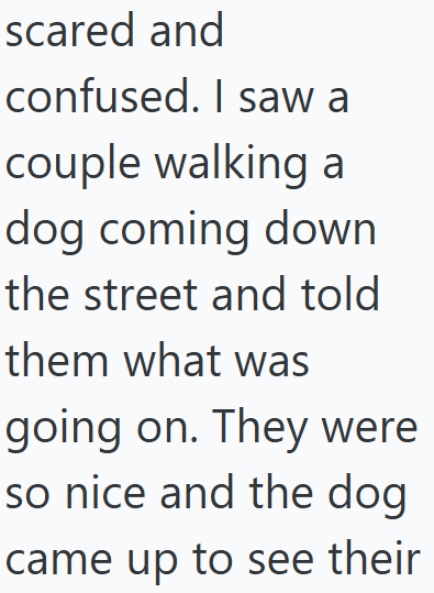 scared and confused. I saw a couple walking a dog coming down the street and told them what was going on. They were so nice and the dog came up to see their