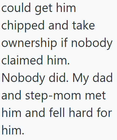 could get him chipped and take ownership if nobody claimed him. Nobody did. My dad and step-mom met him and fell hard for him.