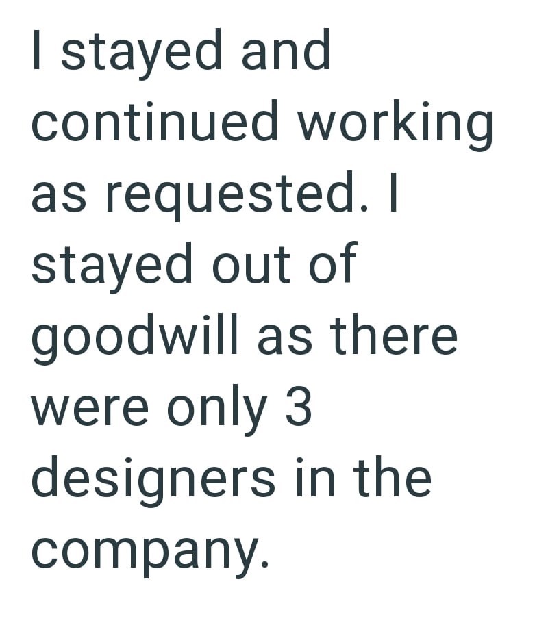 I stayed and continued working as requested. I stayed out of goodwill as there were only 3 designers in the company.