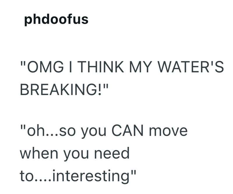 phdoofus "OMG I THINK MY WATER'S BREAKING!" "oh...so you CAN move when you need to....interesting"