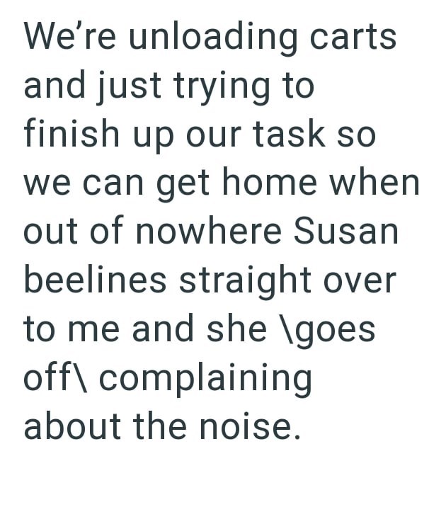 We're unloading carts and just trying to finish up our task so we can get home when out of nowhere Susan beelines straight over to me and she \goes off\ complaining about the noise.
