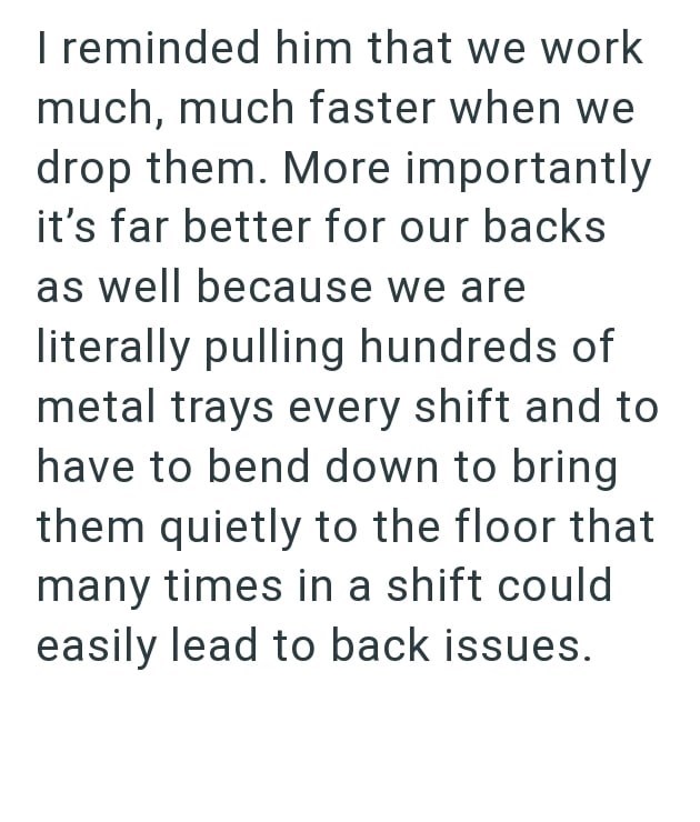 I reminded him that we work much, much faster when we drop them. More importantly it's far better for our backs as well because we are literally pulling hundreds of metal trays every shift and to have to bend down to bring them quietly to the floor that many times in a shift could easily lead to back issues.