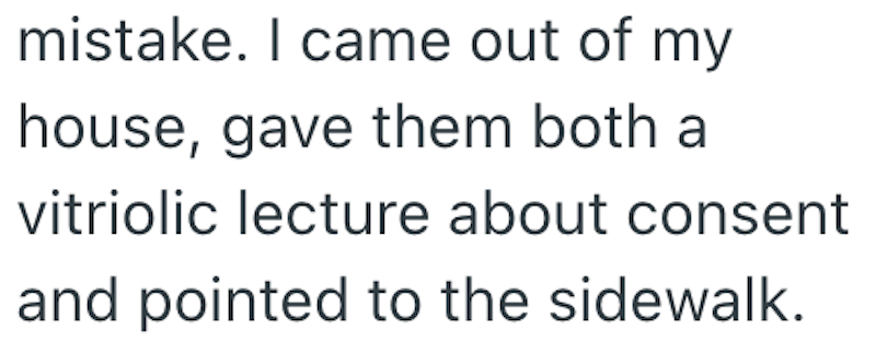 mistake. I came out of my house, gave them both a vitriolic lecture about consent and pointed to the sidewalk.