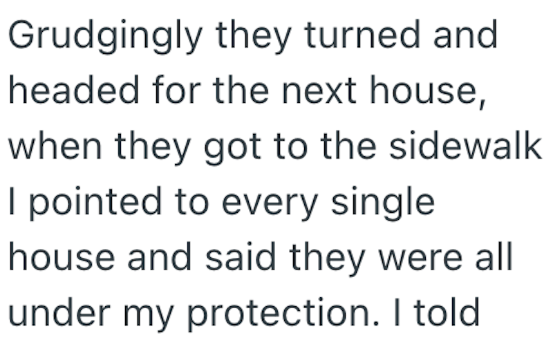 Grudgingly they turned and headed for the next house, when they got to the sidewalk I pointed to every single house and said they were all under my protection. I told