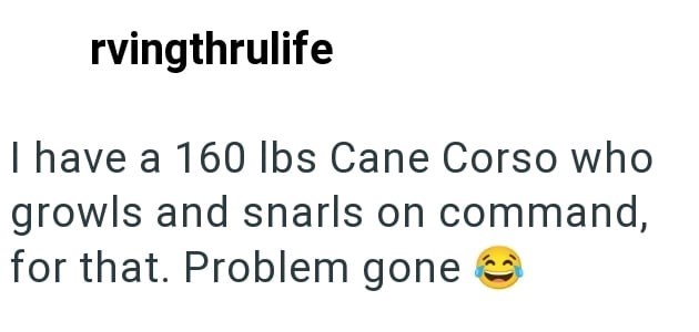 rvingthrulife I have a 160 lbs Cane Corso who growls and snarls on command, for that. Problem gone