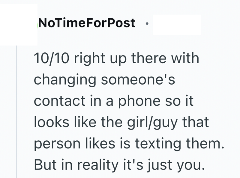 NoTimeForPost 10/10 right up there with changing someone's contact in a phone so it looks like the girl/guy that person likes is texting them. But in reality it's just you.