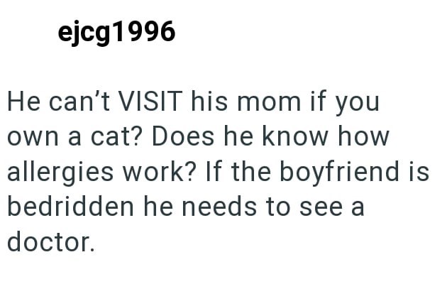 ejcg1996 He can't VISIT his mom if you own a cat? Does he know how allergies work? If the boyfriend is bedridden he needs to see a doctor.