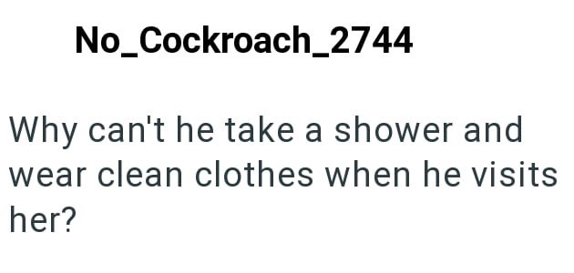No_Cockroach_2744 Why can't he take a shower and wear clean clothes when he visits her?