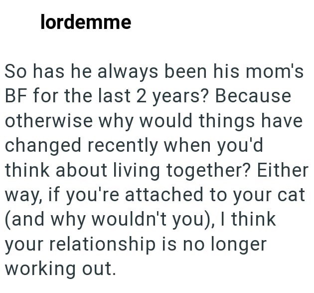 lordemme So has he always been his mom's BF for the last 2 years? Because otherwise why would things have changed recently when you'd think about living together? Either way, if you're attached to your cat (and why wouldn't you), I think your relationship is no longer working out.