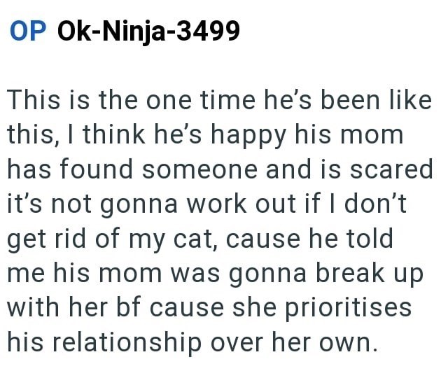 OP Ok-Ninja-3499 This is the one time he's been like this, I think he's happy his mom has found someone and is scared it's not gonna work out if I don't get rid of my cat, cause he told me his mom was gonna break up with her bf cause she prioritises his relationship over her own.