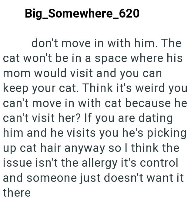 Big_Somewhere_620 don't move in with him. The cat won't be in a space where his mom would visit and you can keep your cat. Think it's weird you can't move in with cat because he can't visit her? If you are dating him and he visits you he's picking up cat hair anyway so I think the issue isn't the allergy it's control and someone just doesn't want it there