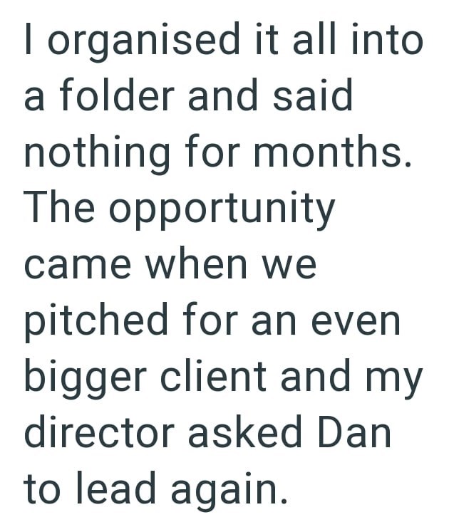 I organised it all into a folder and said nothing for months. The opportunity came when we pitched for an even bigger client and my director asked Dan to lead again.