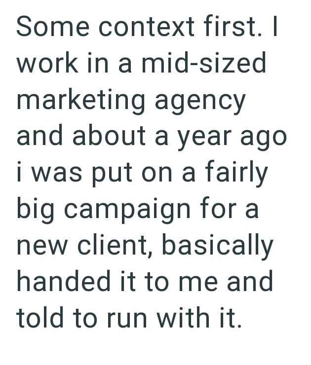 Some context first. I work in a mid-sized marketing agency and about a year ago i was put on a fairly big campaign for a new client, basically handed it to me and told to run with it.
