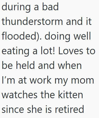 during a bad thunderstorm and it flooded). doing well eating a lot! Loves to be held and when I'm at work my mom watches the kitten since she is retired