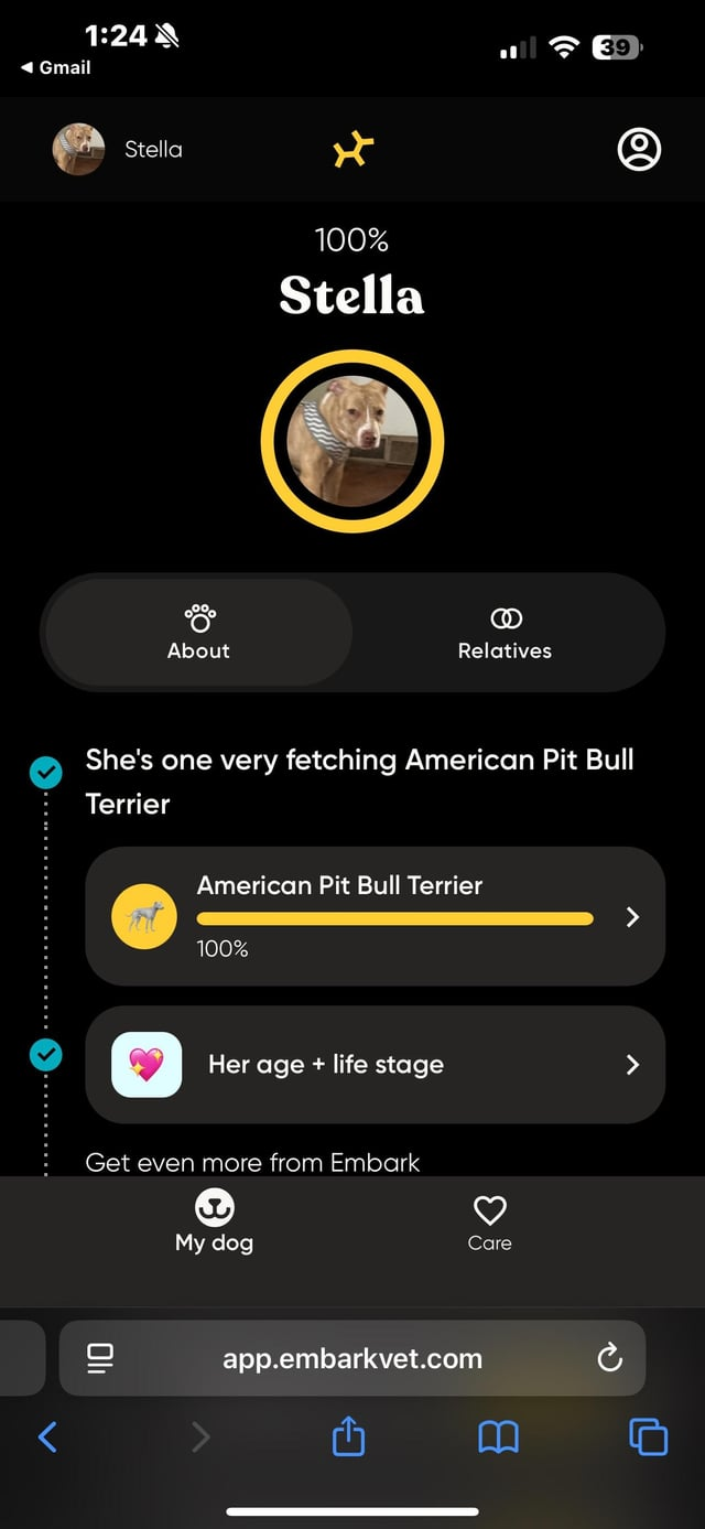 ◄ Gmail 1:24 Stella About 100% Stella @ Relatives 39 60 She's one very fetching American Pit Bull Terrier American Pit Bull Terrier 100% Her age + life stage > Get even more from Embark My dog Oli Care app.embarkvet.com B