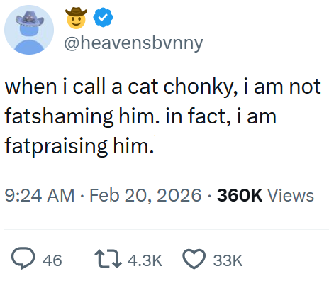 @heavensbvnny when i call a cat chonky, i am not fatshaming him. in fact, i am fatpraising him. 9:24 AM • Feb 20, 2026 360K Views > 46 14.3K 33K