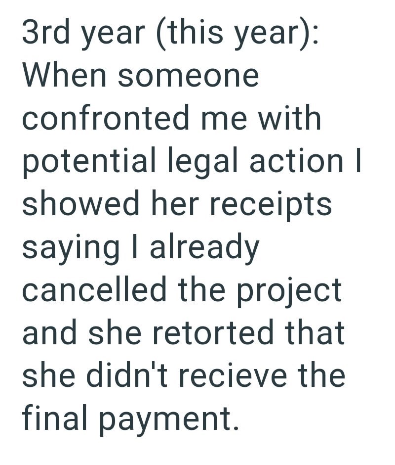3rd year (this year): When someone confronted me with potential legal action I showed her receipts saying I already cancelled the project and she retorted that she didn't recieve the final payment.