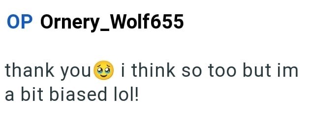OP Ornery_Wolf655 i think so too but im thank you a bit biased lol!
