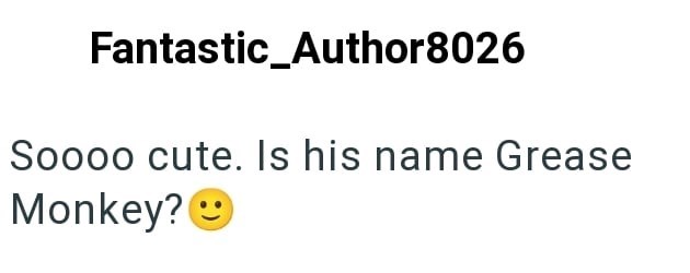 Fantastic_Author8026 Soooo cute. Is his name Grease Monkey?☺