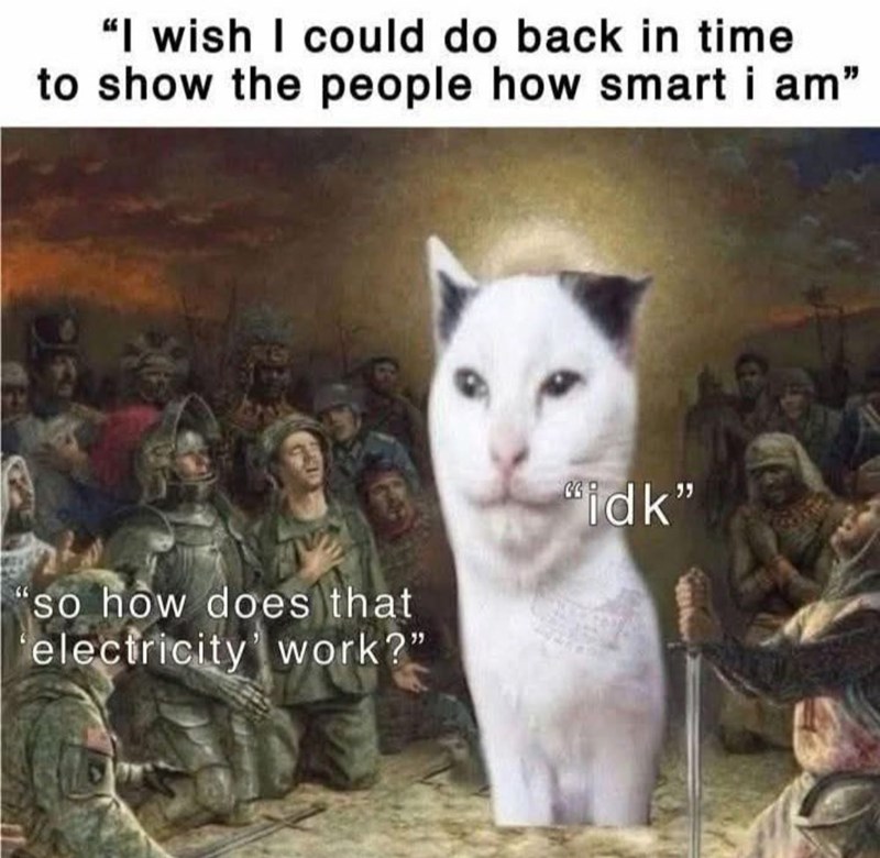 "I wish I could do back in time to show the people how smart i am" 'so how does that electricity work?" idk"