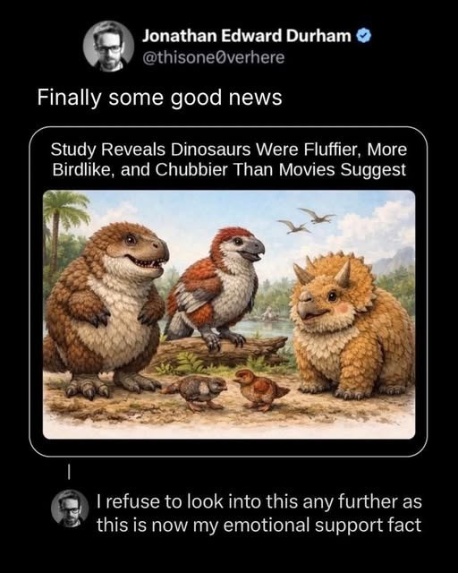 Jonathan Edward Durham >> @thisone verhere Finally some good news Study Reveals Dinosaurs Were Fluffier, More Birdlike, and Chubbier Than Movies Suggest I refuse to look into this any further as this is now my emotional support fact