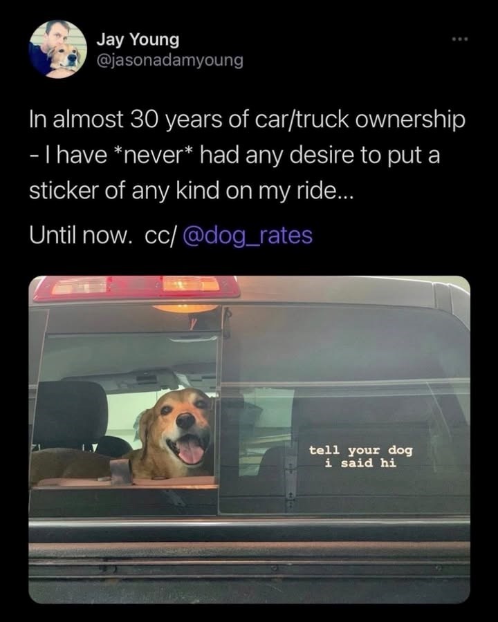 Jay Young @jasonadamyoung In almost 30 years of car/truck ownership - I have *never* had any desire to put a sticker of any kind on my ride... Until now. cc/@dog_rates tell your dog i said hi