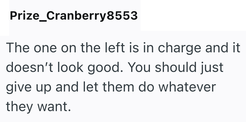 Prize_Cranberry8553 The one on the left is in charge and it doesn't look good. You should just give up and let them do whatever they want.