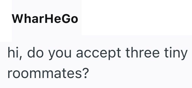 WharHeGo hi, do you accept three tiny roommates?