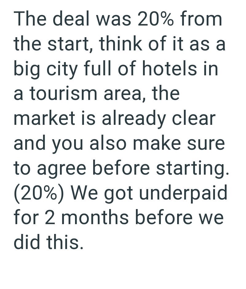 The deal was 20% from the start, think of it as a big city full of hotels in a tourism area, the market is already clear and you also make sure to agree before starting. (20%) We got underpaid for 2 months before we did this.