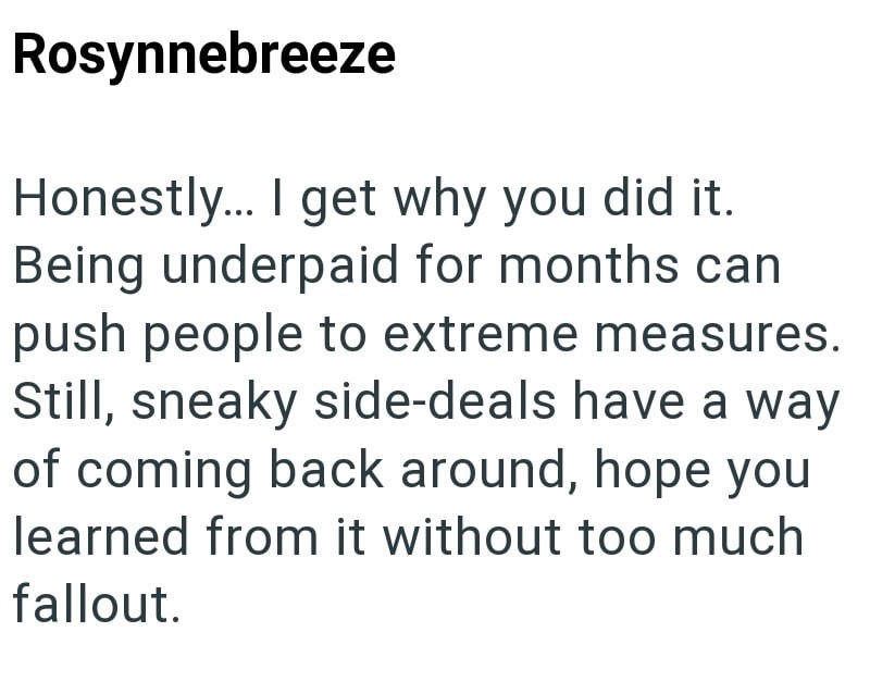 Rosynnebreeze Honestly... I get why you did it. Being underpaid for months can push people to extreme measures. Still, sneaky side-deals have a way of coming back around, hope you learned from it without too much fallout.