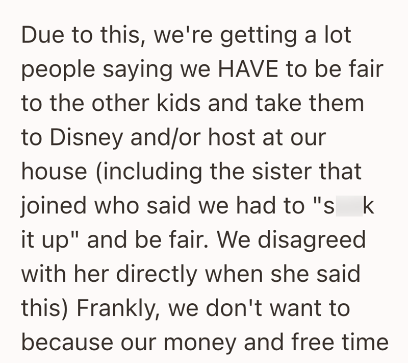 Due to this, we're getting a lot people saying we HAVE to be fair to the other kids and take them to Disney and/or host at our house (including the sister that joined who said we had to "s k it up" and be fair. We disagreed with her directly when she said this) Frankly, we don't want to because our money and free time