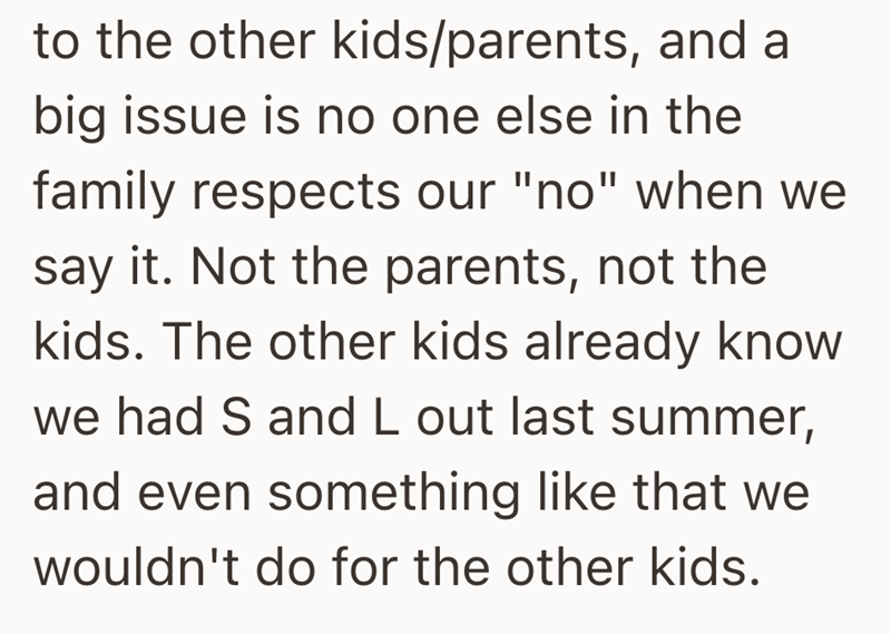 to the other kids/parents, and a big issue is no one else in the family respects our "no" when we say it. Not the parents, not the kids. The other kids already know we had S and L out last summer, and even something like that we wouldn't do for the other kids.