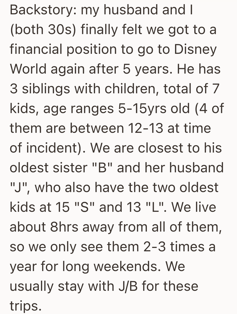 Backstory: my husband and I (both 30s) finally felt we got to a financial position to go to Disney World again after 5 years. He has 3 siblings with children, total of 7 kids, age ranges 5-15yrs old (4 of them are between 12-13 at time of incident). We are closest to his oldest sister "B" and her husband "J", who also have the two oldest kids at 15 "S" and 13 "L". We live about 8hrs away from all of them, so we only see them 2-3 times a year for long weekends. We usually stay with J/B for these