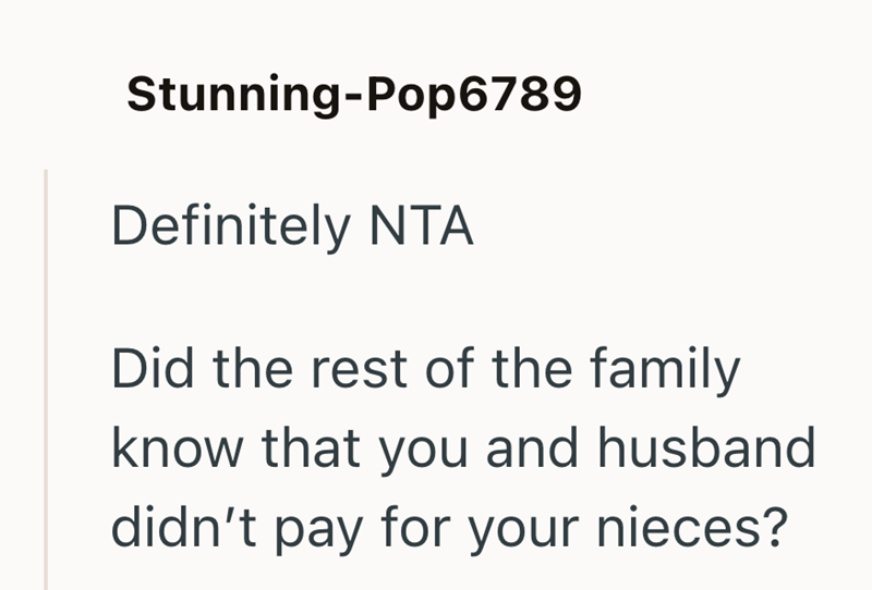 Stunning-Pop6789 Definitely NTA Did the rest of the family know that you and husband didn't pay for your nieces?