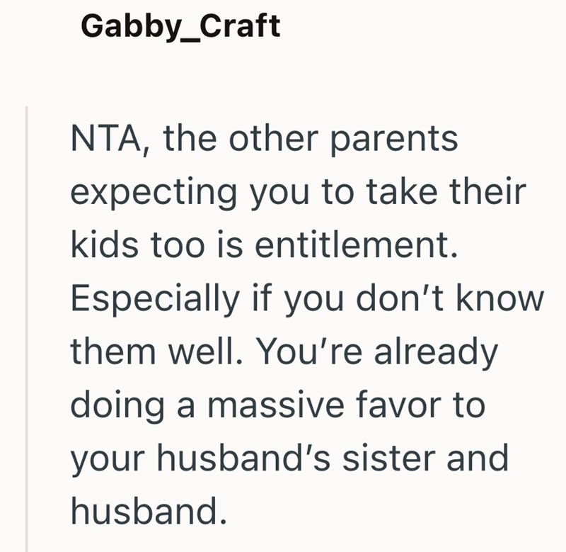 Gabby_Craft NTA, the other parents expecting you to take their kids too is entitlement. Especially if you don't know them well. You're already doing a massive favor to your husband's sister and husband.