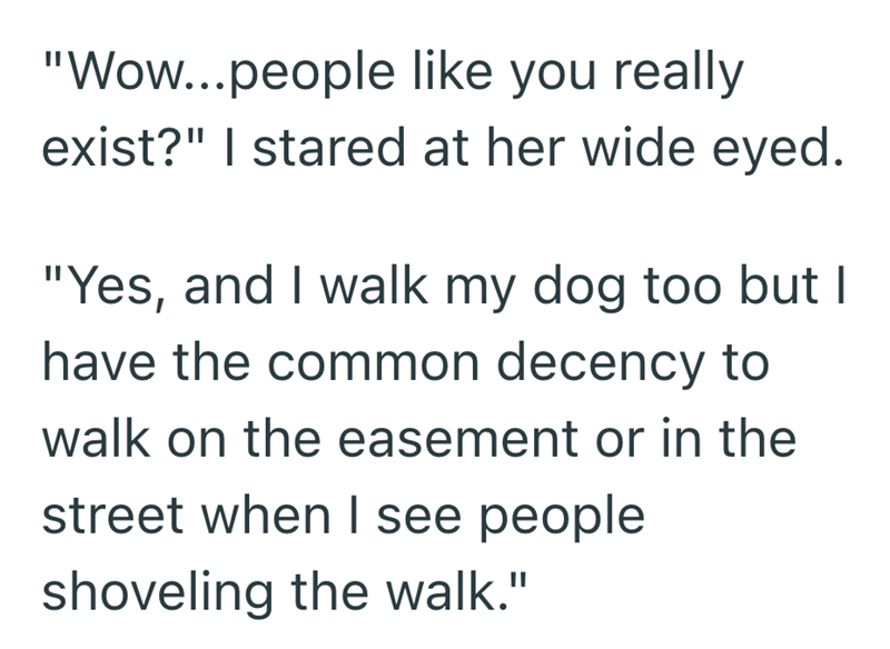 "Wow...people like you really exist?" I stared at her wide eyed. "Yes, and I walk my dog too but I have the common decency to walk on the easement or in the street when I see people shoveling the walk."