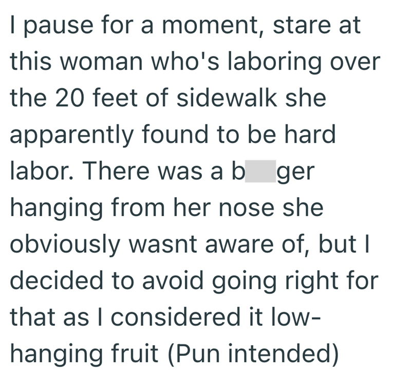 I pause for a moment, stare at this woman who's laboring over the 20 feet of sidewalk she apparently found to be hard labor. There was a b ger hanging from her nose she obviously wasnt aware of, but I decided to avoid going right for that as I considered it low- hanging fruit (Pun intended)