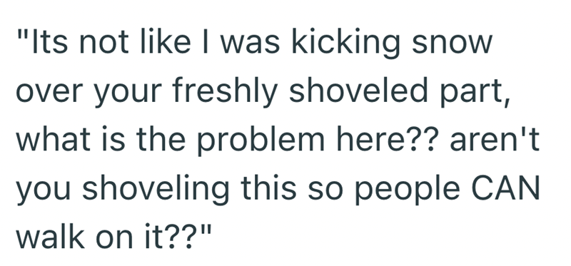 "Its not like I was kicking snow over your freshly shoveled part, what is the problem here?? aren't you shoveling this so people CAN walk on it??"