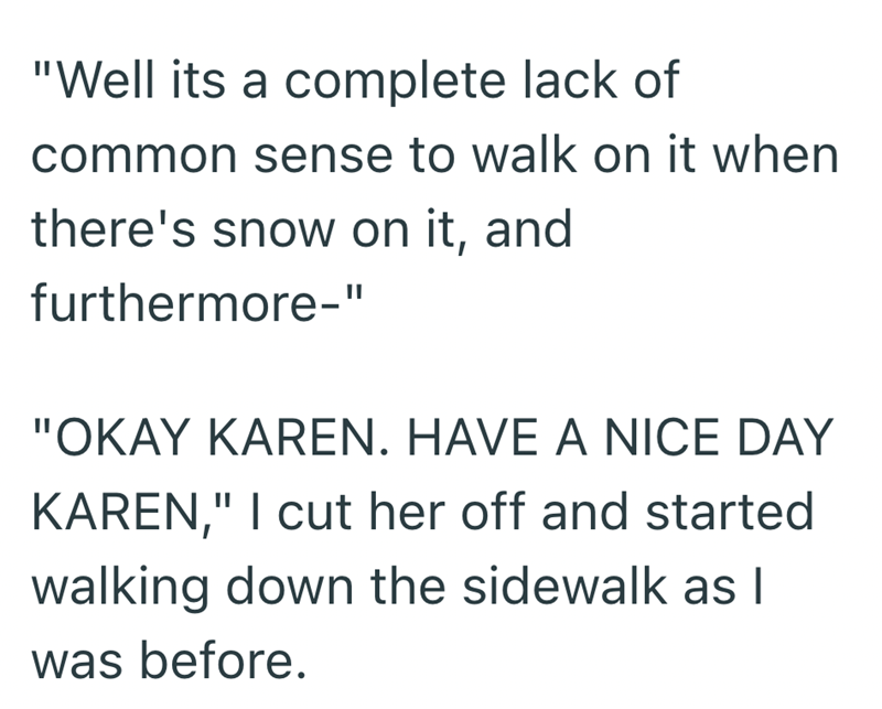 "Well its a complete lack of common sense to walk on it when there's snow on it, and furthermore-" "OKAY KAREN. HAVE A NICE DAY KAREN," I cut her off and started walking down the sidewalk as I was before.