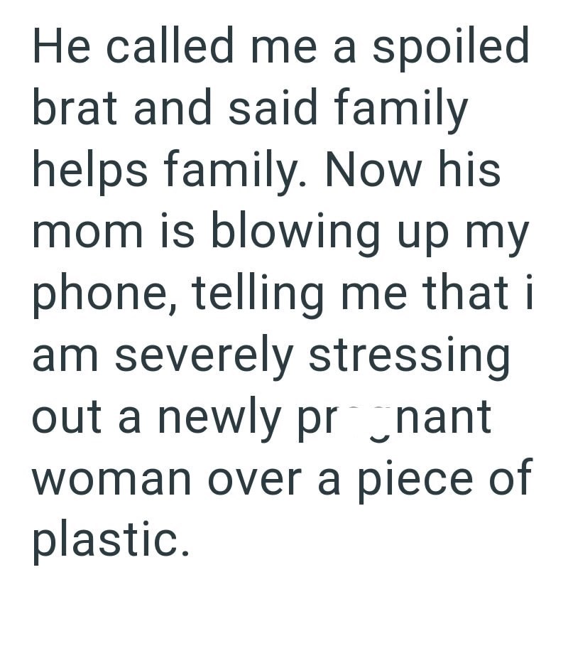 He called me a spoiled brat and said family helps family. Now his mom is blowing up my phone, telling me that it am severely stressing out a newly pronant woman over a piece of plastic.